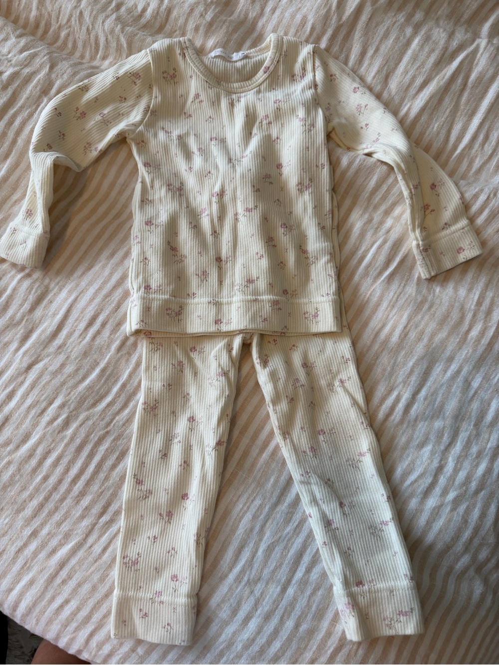 Kids Cream Floral Ribbed Set